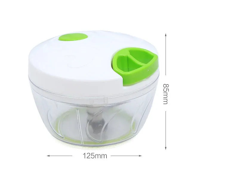 Green manual kitchen chopper with three stainless steel blades and a 500ml plastic container.