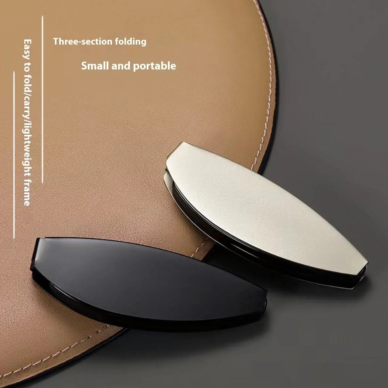 Folding presbyopic glasses in black frame showing collapsed and open positions with retro ring detailing