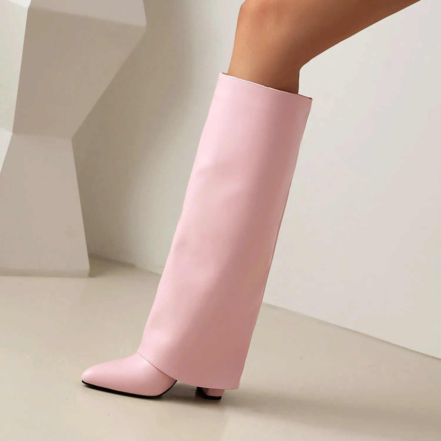 Women's white high heel boot with high cylinder sock and sewing line detail on artificial PU upper.