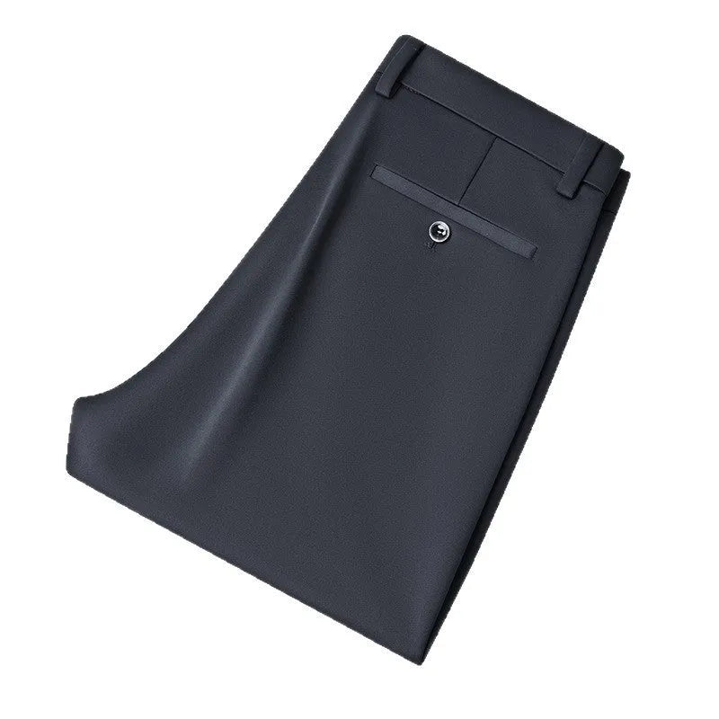 Men's plus-sized business casual straight-leg suit trousers in black, with zipper fly and elastic waist