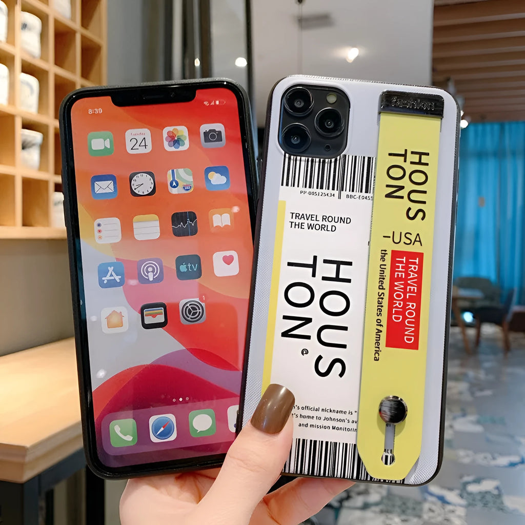 TPU PC hybrid iPhone back cover with attached wristband, painted red finish on iPhone 11