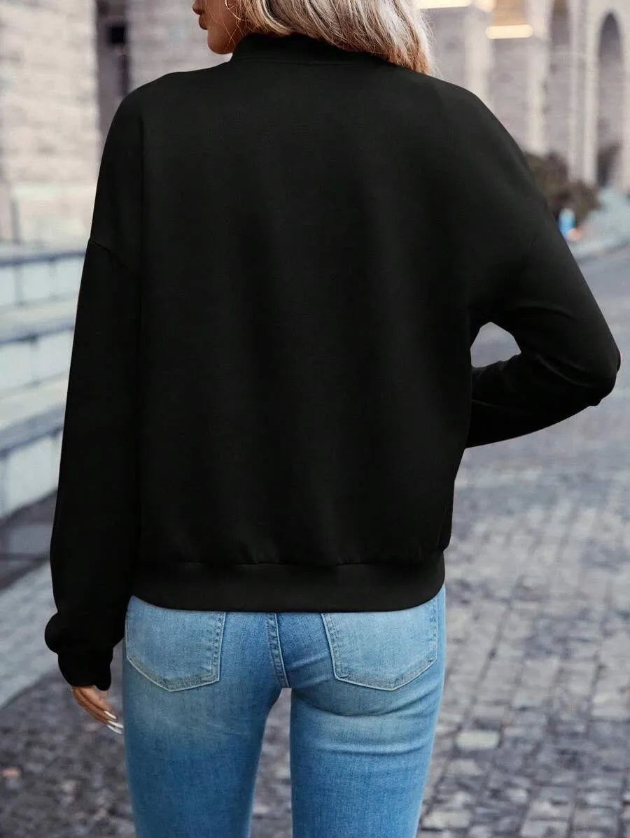 Black women's zip jacket with long sleeves and faux pockets