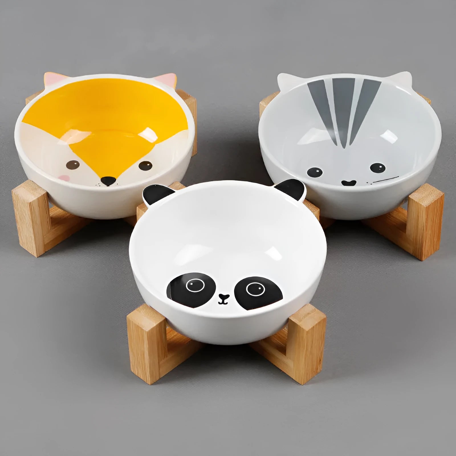 Ceramic cat food bowl with bamboo bracket, pink-eared fox design, bowl 13x5.5 cm
