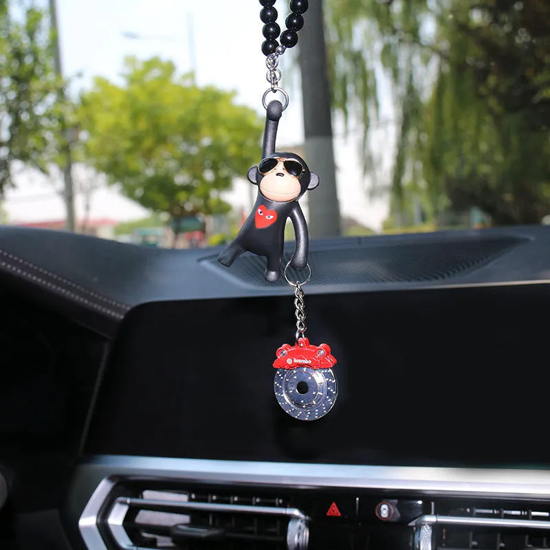 Hip-hop monkey rearview mirror pendant with sunglasses, plastic construction, bead necklace, for car interior decoration