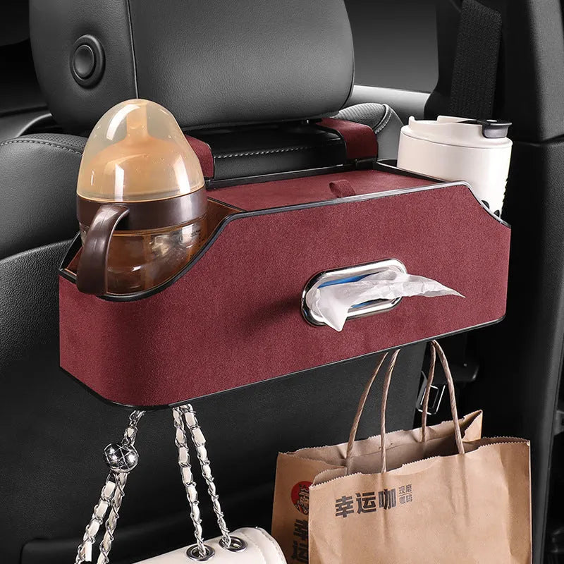 Genuine leather car tissue box storage organiser with water cup holder in multiple colour options