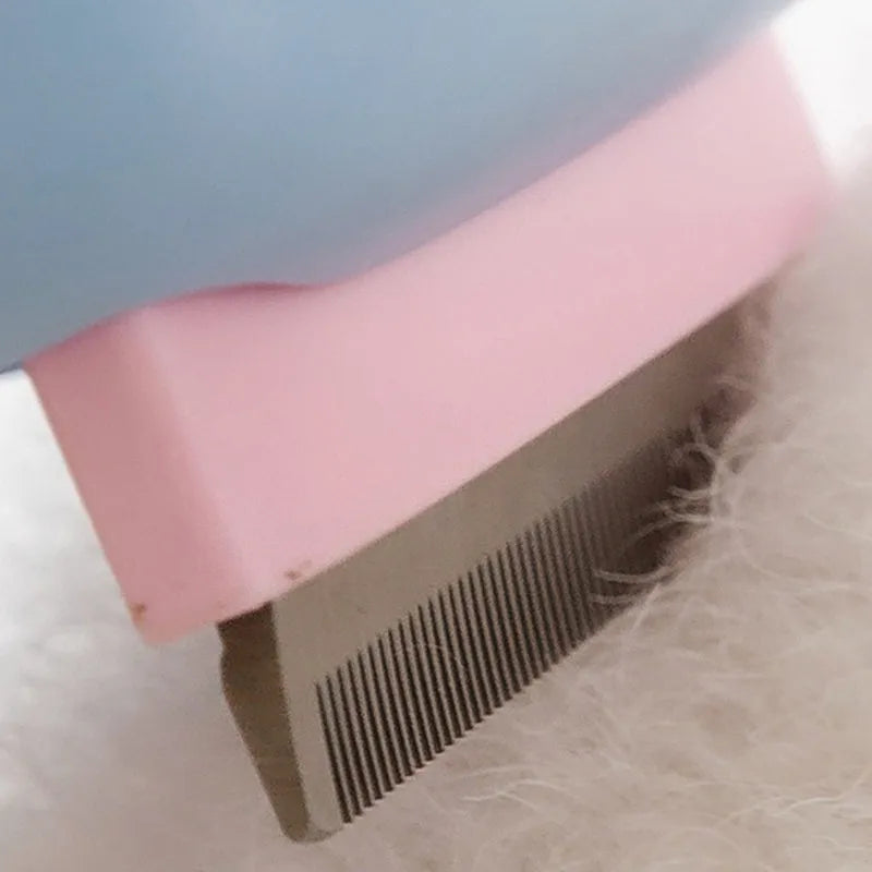 Blue double-sided pet grooming brush with deshedding teeth and dematting comb, 195mm long