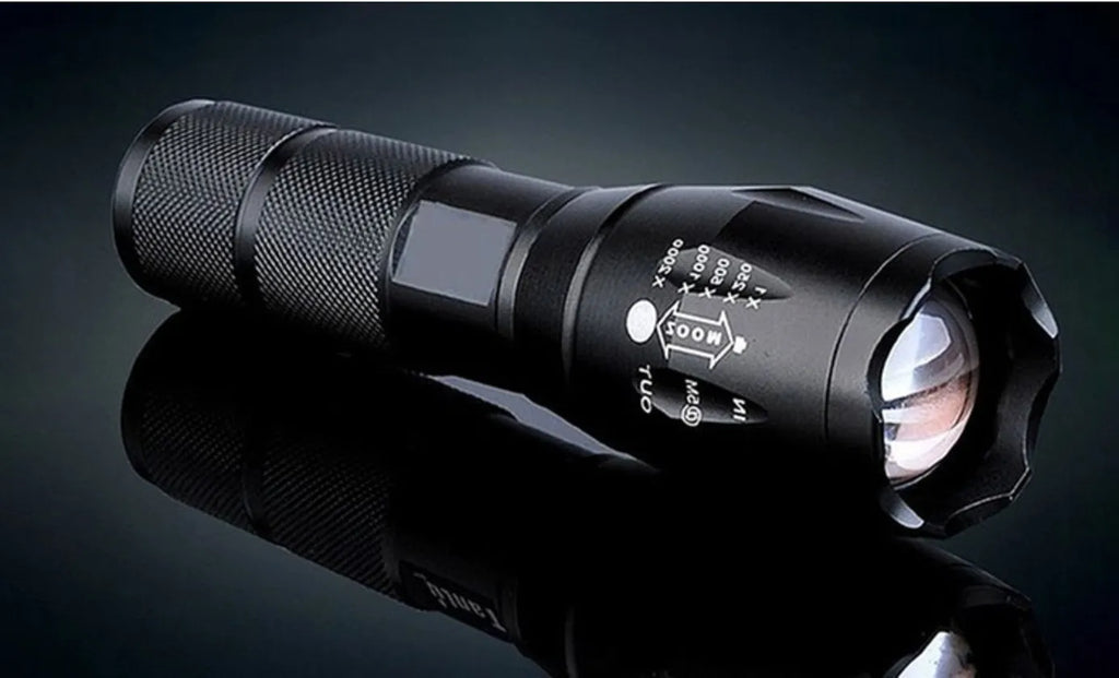 Portable mini LED zoom torch aluminium alloy body black colour adjustable focus 200-500 metre range outdoor flashlight