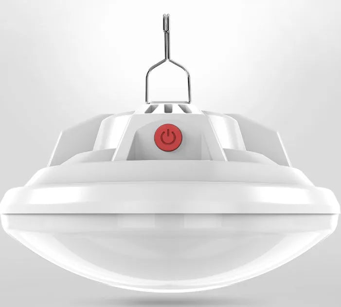 Multifunctional LED camp light with rechargeable 18650 battery, 300 lumens brightness, and 15-40 metre illumination radius.