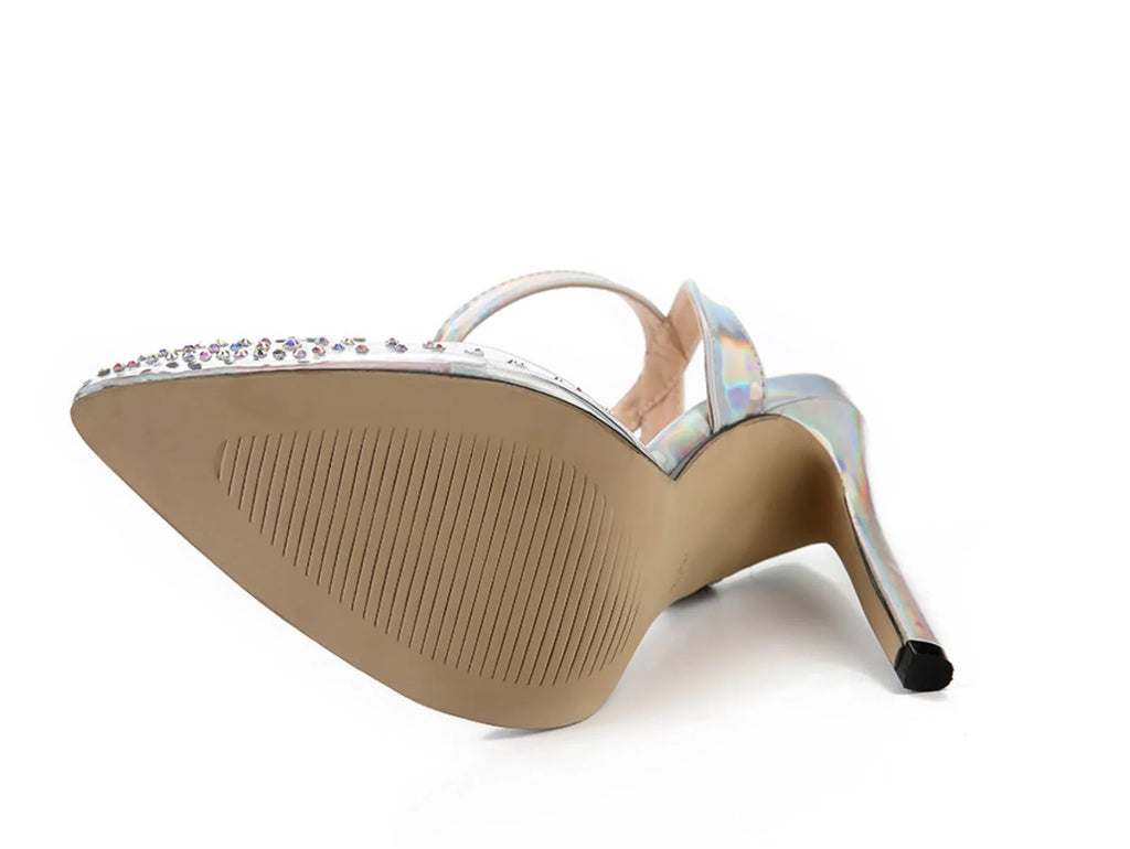 Women's pointed toe stiletto sandals with diamond decorations on PVC upper