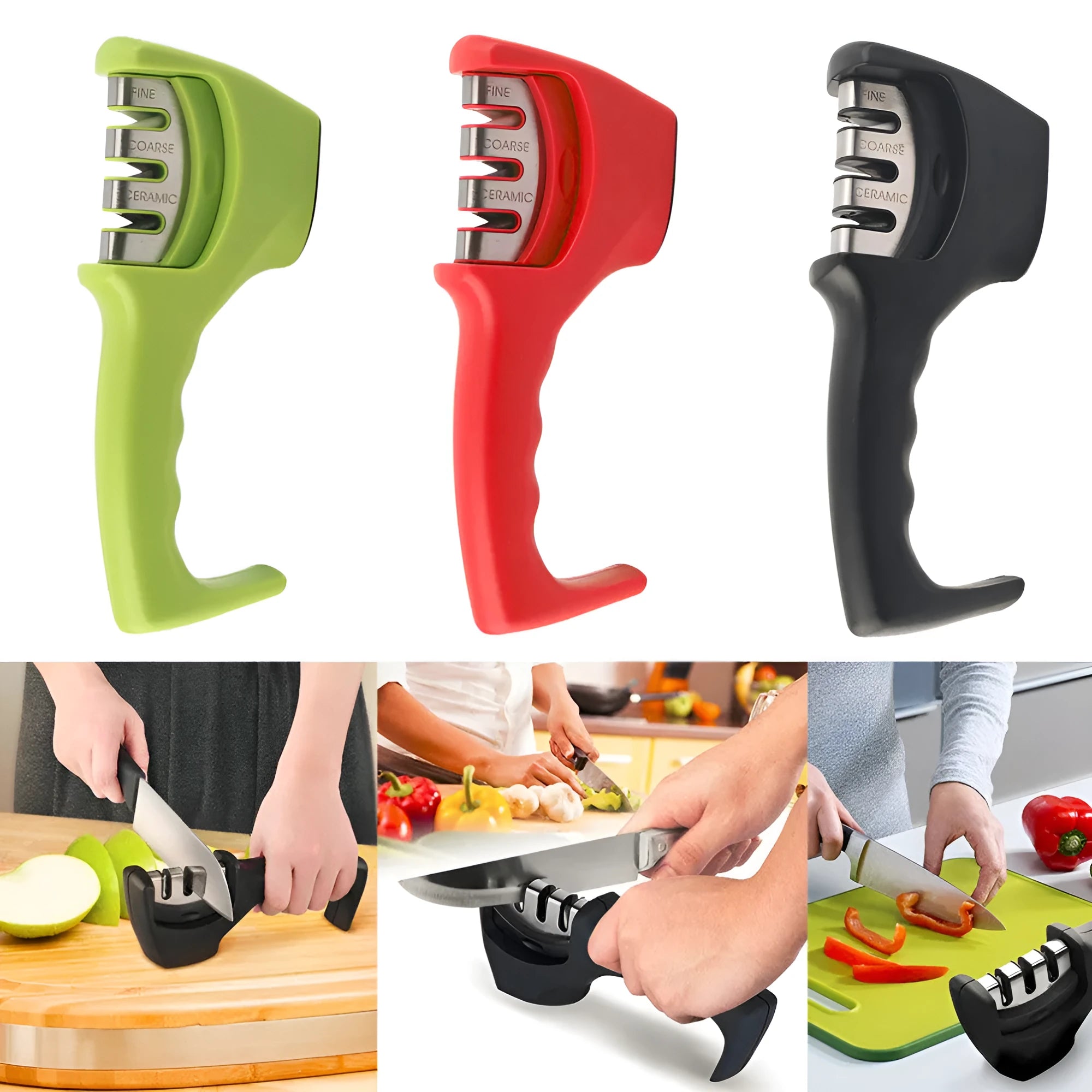 Professional knife sharpener with three-level sharpening system and anti-slip rubber feet in black on a white background