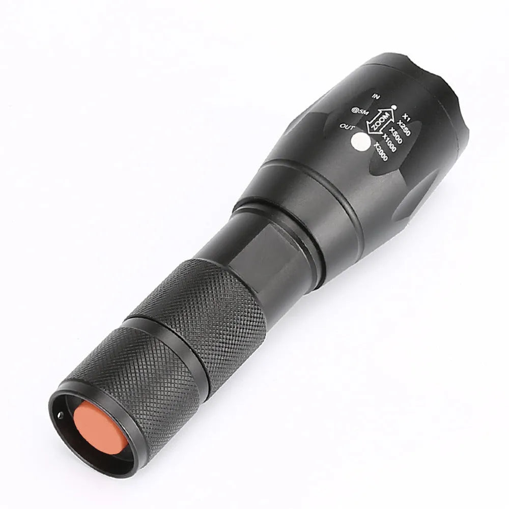 Portable mini LED zoom torch aluminium alloy body black colour adjustable focus 200-500 metre range outdoor flashlight