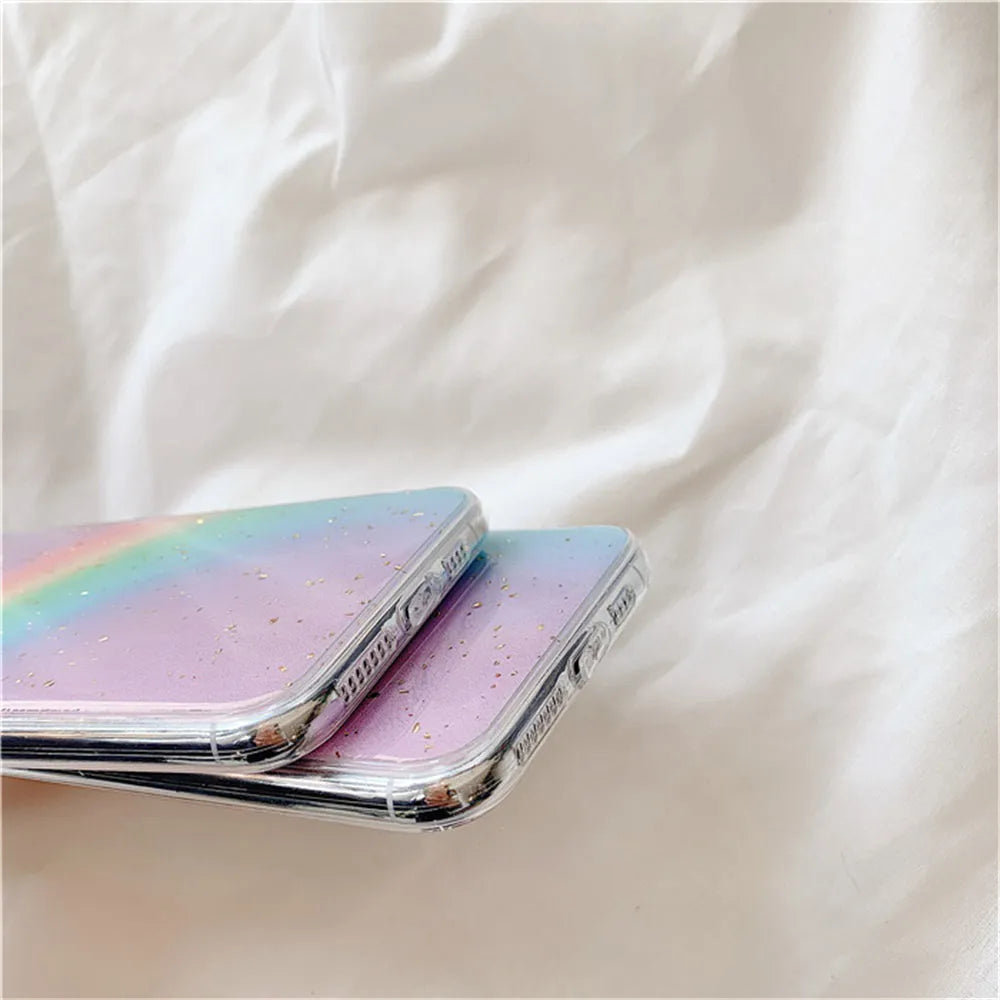 Rainbow gradient coloured TPU phone case with stripe design for iPhone models.