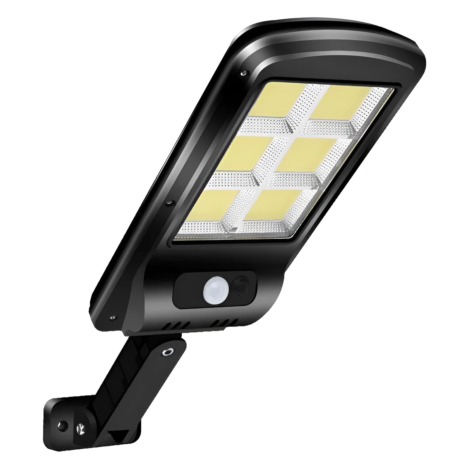 Black outdoor solar-powered motion sensor light mounted on a wall with solar panel visible.