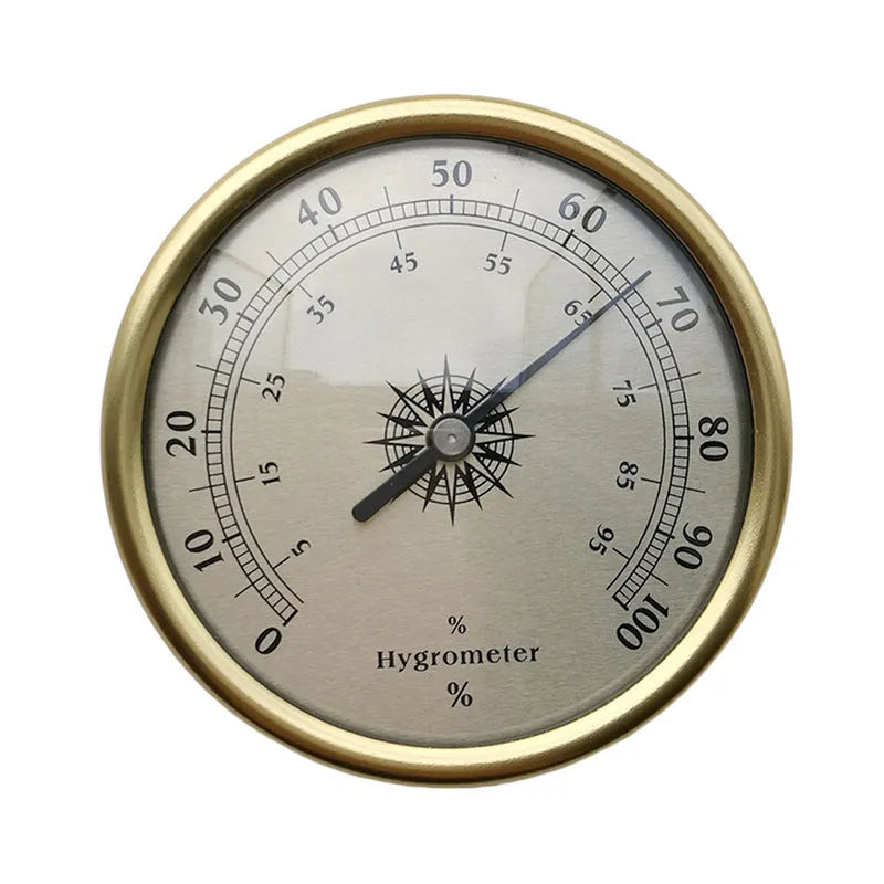 Round analog thermometer and hygrometer with aluminium dial and outer ring