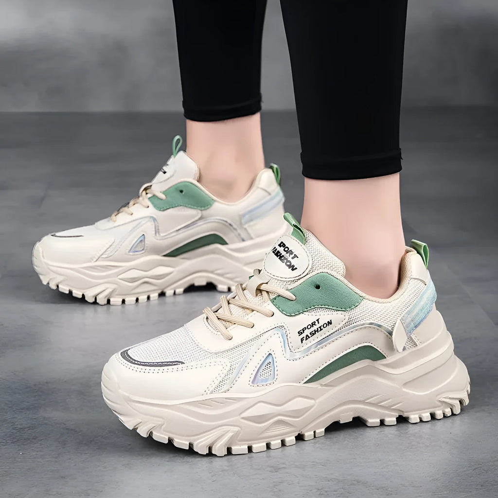 Beige green low top mesh casual shoes with rubber sole, flat heel, and round toe