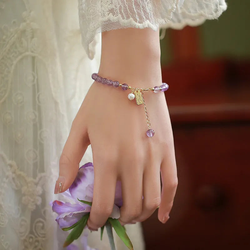 Natural crystal women's bracelet with romantic lavender amethyst beads in dark colour