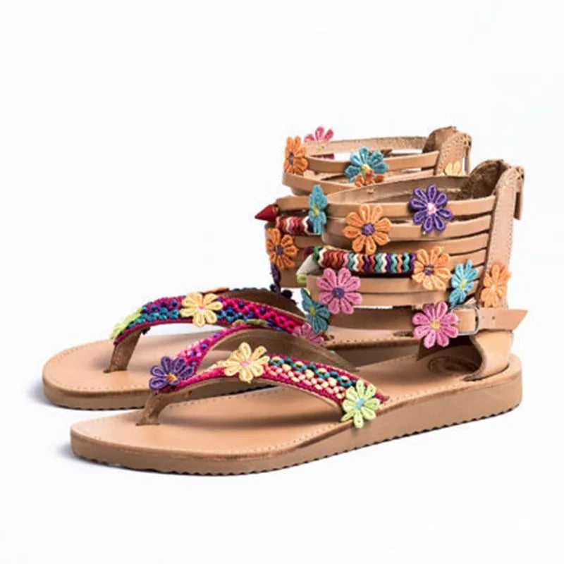 Ethnic style beaded petal sandals with floral design on artificial PU upper