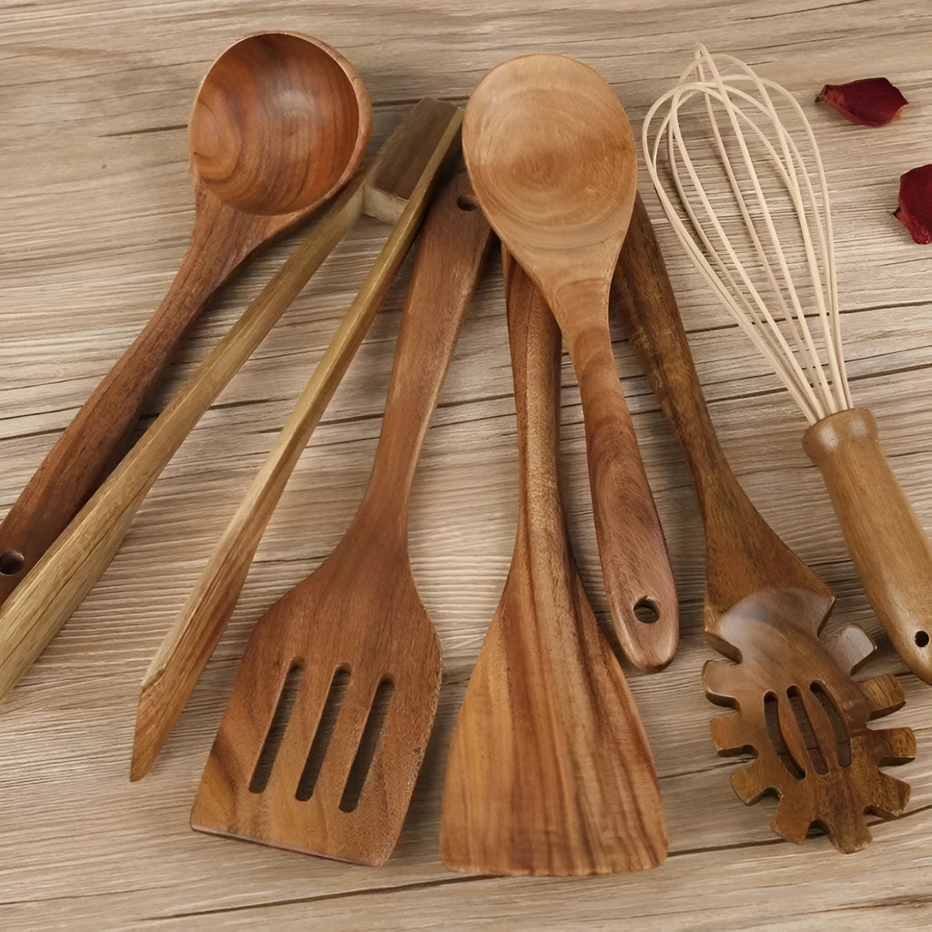 Seven-piece wooden cooking utensil set including spoon shovel for non-stick pans