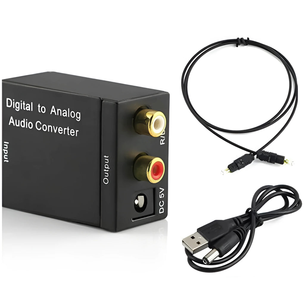 Black digital to analog audio converter with Toslink and coaxial inputs and RCA outputs