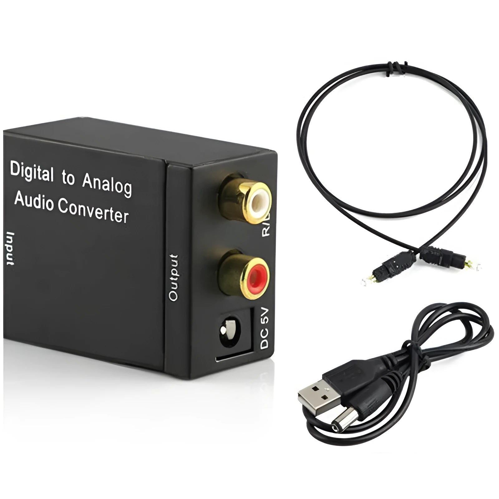 Black digital to analog audio converter with Toslink and coaxial inputs and RCA outputs