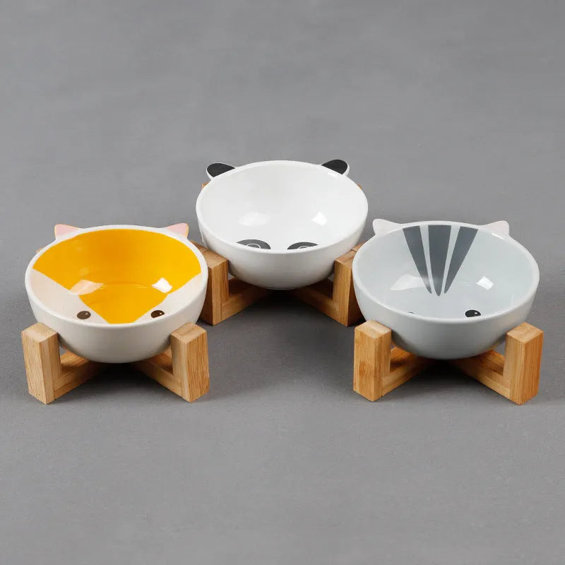 Ceramic cat food bowl with bamboo bracket, pink-eared fox design, bowl 13x5.5 cm