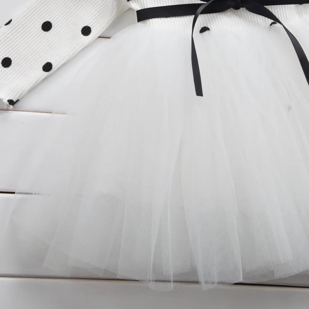 Baby girl wearing long sleeve lace tutu dress in pink for birthday party