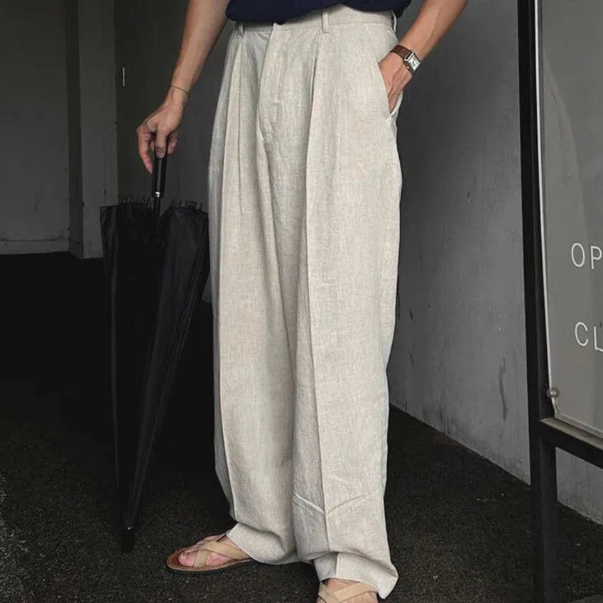 Men's Korean-style wide-leg cotton linen trousers in apricot colour with micro-elastic waist