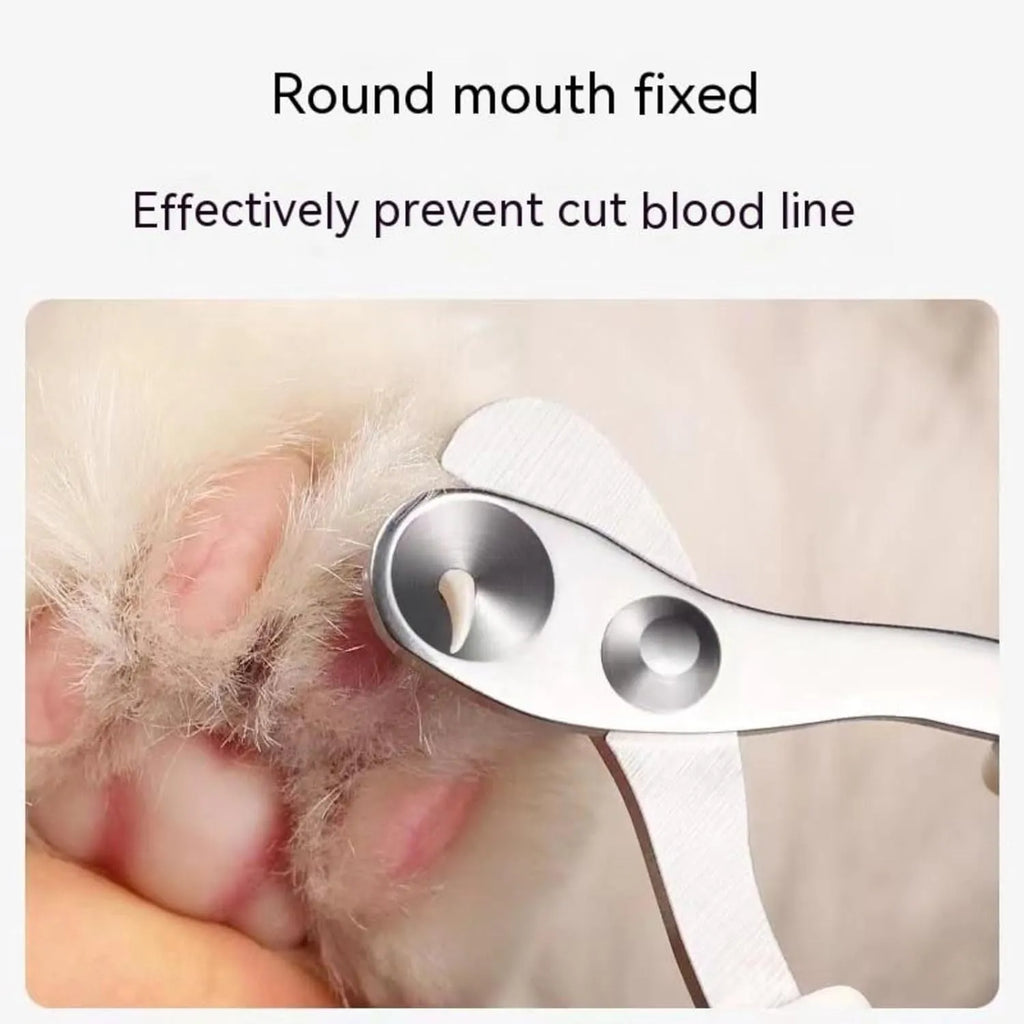 Blue cat nail clippers with circular hole design and cushioned non-slip handle for safe pet trimming