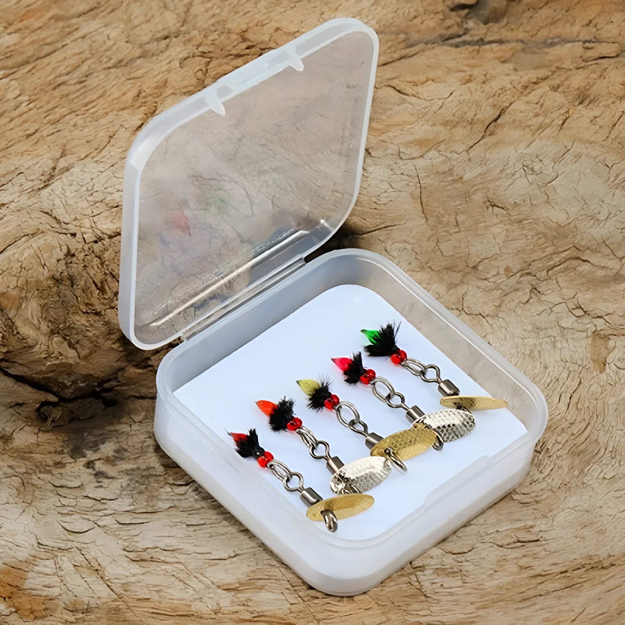 Bionic poisonous mosquito hook 5 pieces fishing set with multicolor spinning sequins and feather dressing