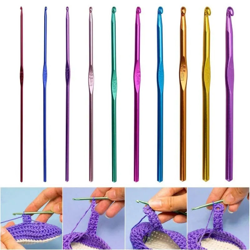 23 stainless steel crochet hooks in various metric sizes from 0.6mm to 8.0mm, random single colour finish
