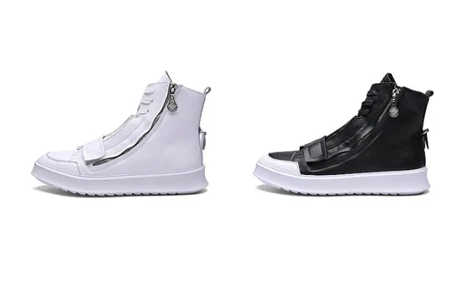 Man wearing black PU leather ankle boots in a high-top sneakers style for winter.