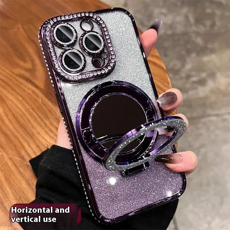 Gradient glitter TPU phone case with fold-out mirror bracket for iPhone, showing reflective electroplated finish