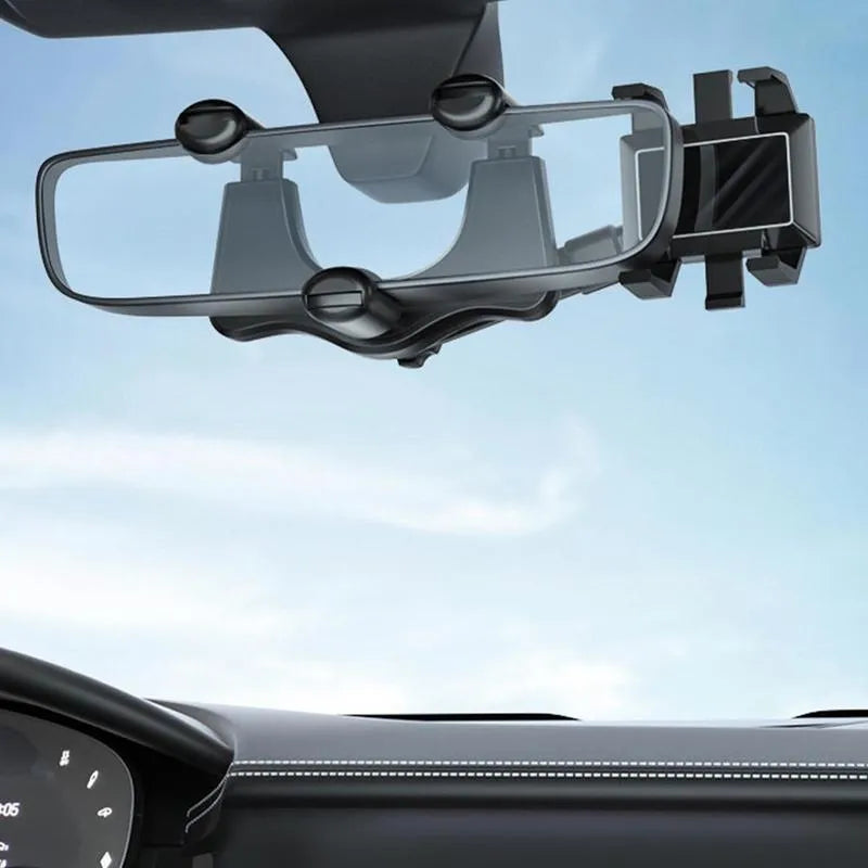 Black rearview mirror phone holder with rotating head and telescopic arm extended