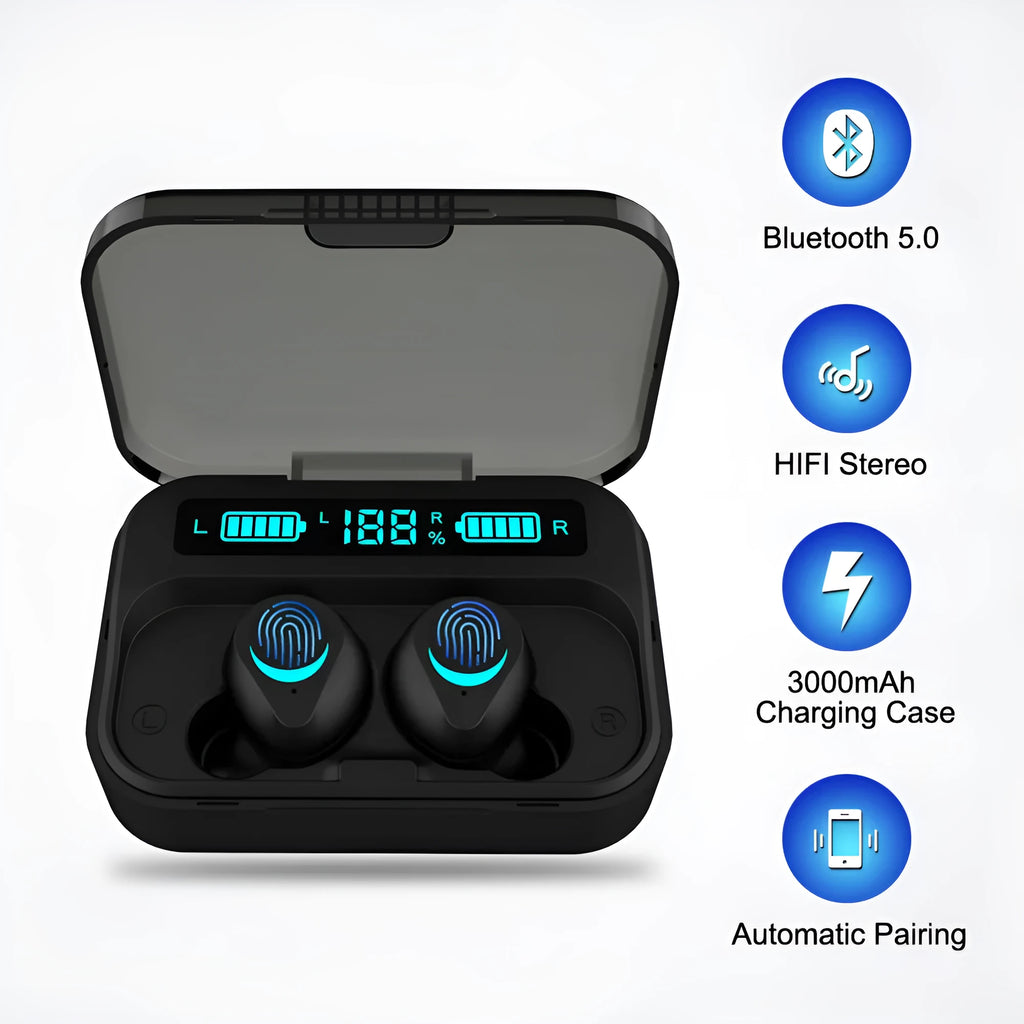 Black TWS Bluetooth headset wireless earbuds with charging case on white background