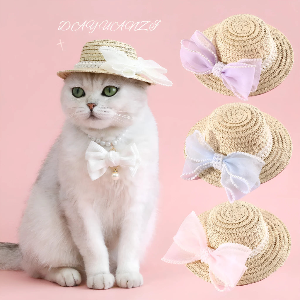 Pink pearl butterfly bow woven straw cat hat for pets with Lafite leaves material