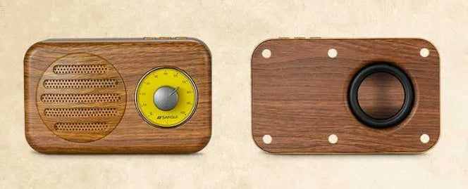 T1 portable Bluetooth speaker with wood grain finish showing compact design and speaker grille