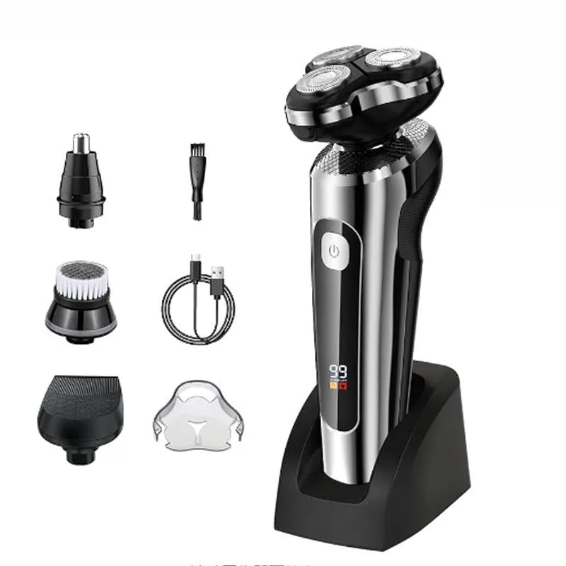 Digital display USB rechargeable beard trimmer with washable floating head on its five-in-one storage bracket.