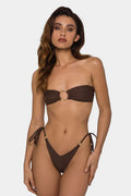 Brown women's bikini swimsuit with tube-top ring tether design and split high-cut legs