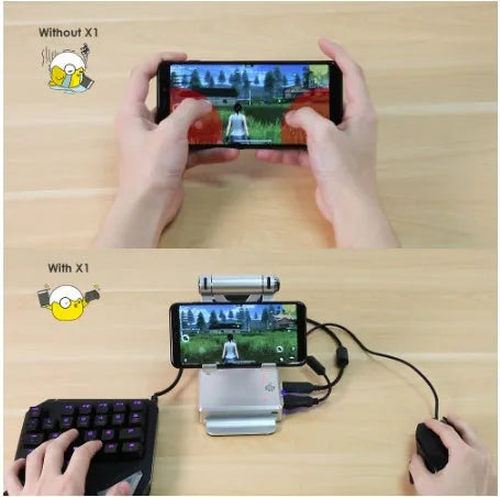 GameSir-X1 Eat Chicken Throne mobile game controller in silver finish with keyboard and mouse connected via Bluetooth
