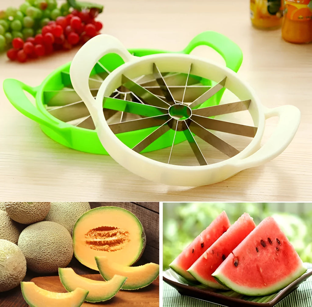 Multi-function fruit slicer cutting watermelon into 12 uniform slices with stainless steel blade and green PP plastic frame