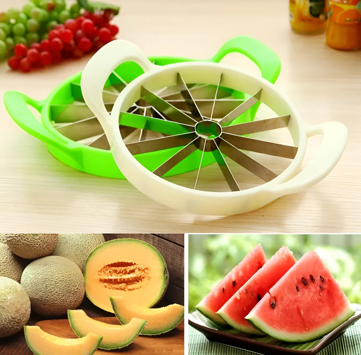 Multi-function fruit slicer cutting watermelon into 12 uniform slices with stainless steel blade and green PP plastic frame