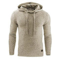 Men's cotton-polyester blend hoodie sweater on a hanger, shown in one of nine available colours.
