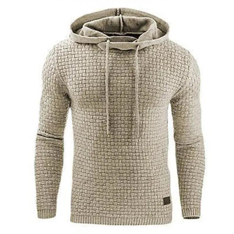 Men's cotton-polyester blend hoodie sweater on a hanger, shown in one of nine available colours.