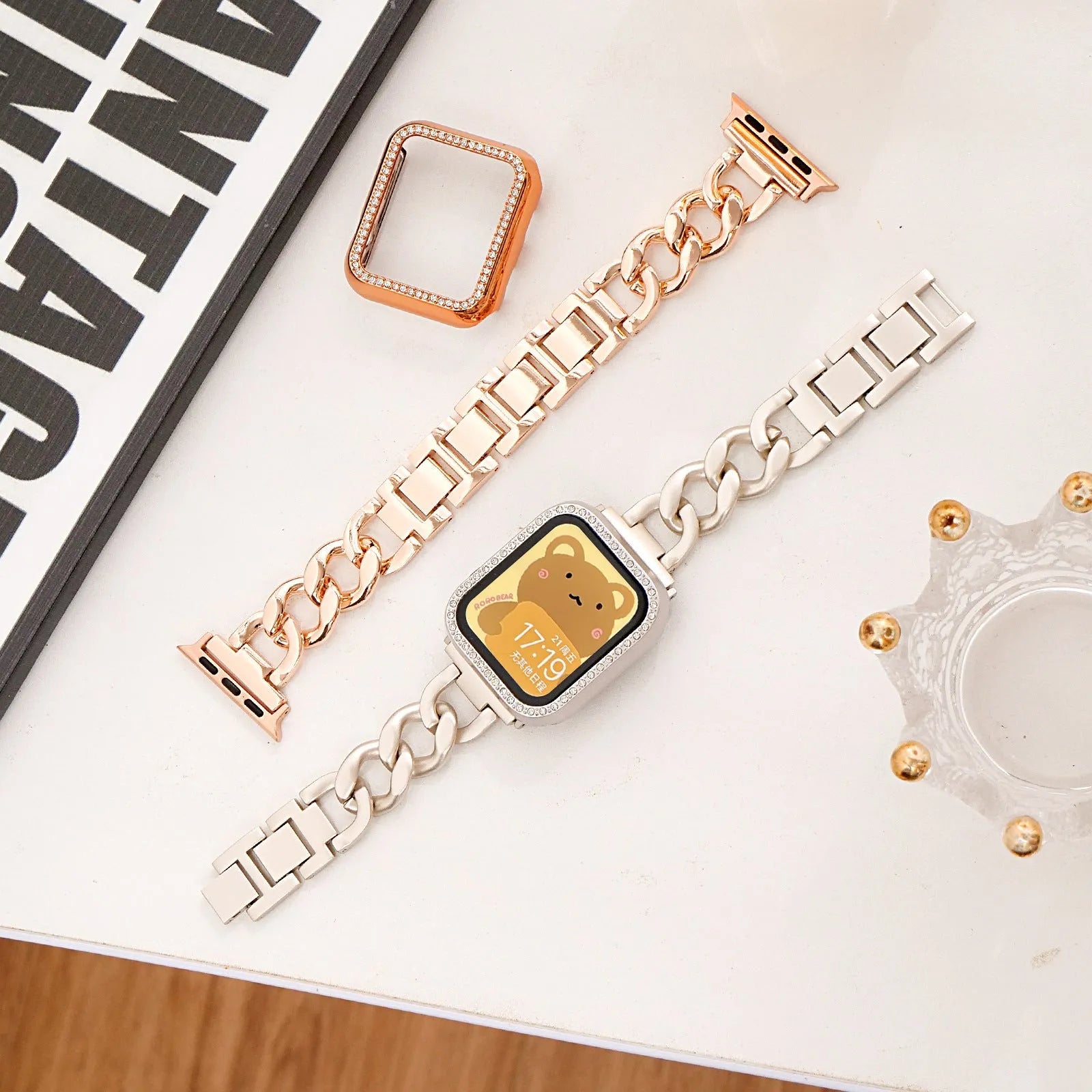 Denim chain metal Apple Watch compatible strap in silver, black, gold, rose gold, and starlight colours for 38-49mm cases.