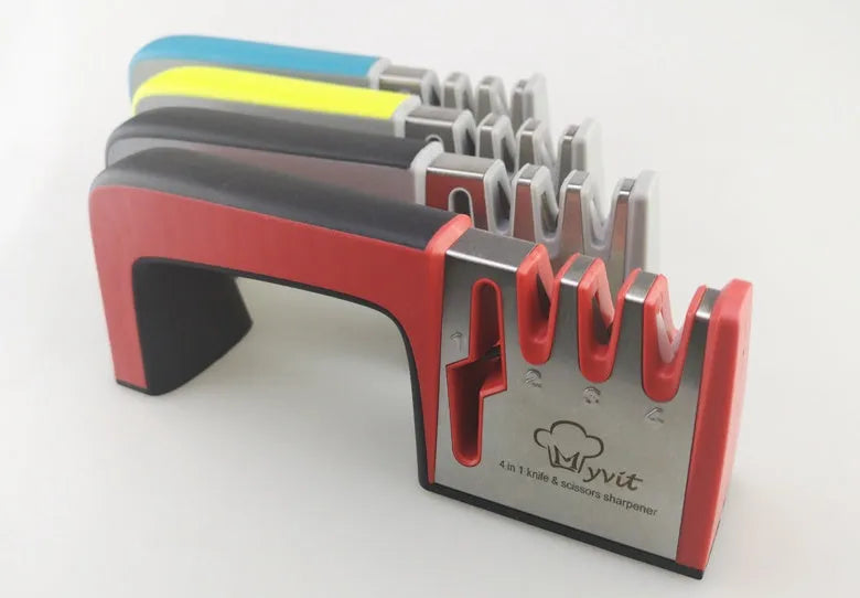 4-in-1 kitchen knife sharpener with multiple slots, black and cyan plastic and stainless steel body on a countertop