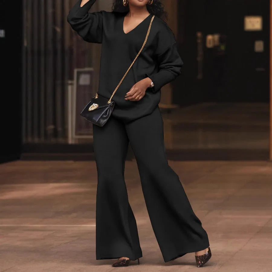 Women's brown suede velvet two-piece suit with split-sleeve top and matching trousers