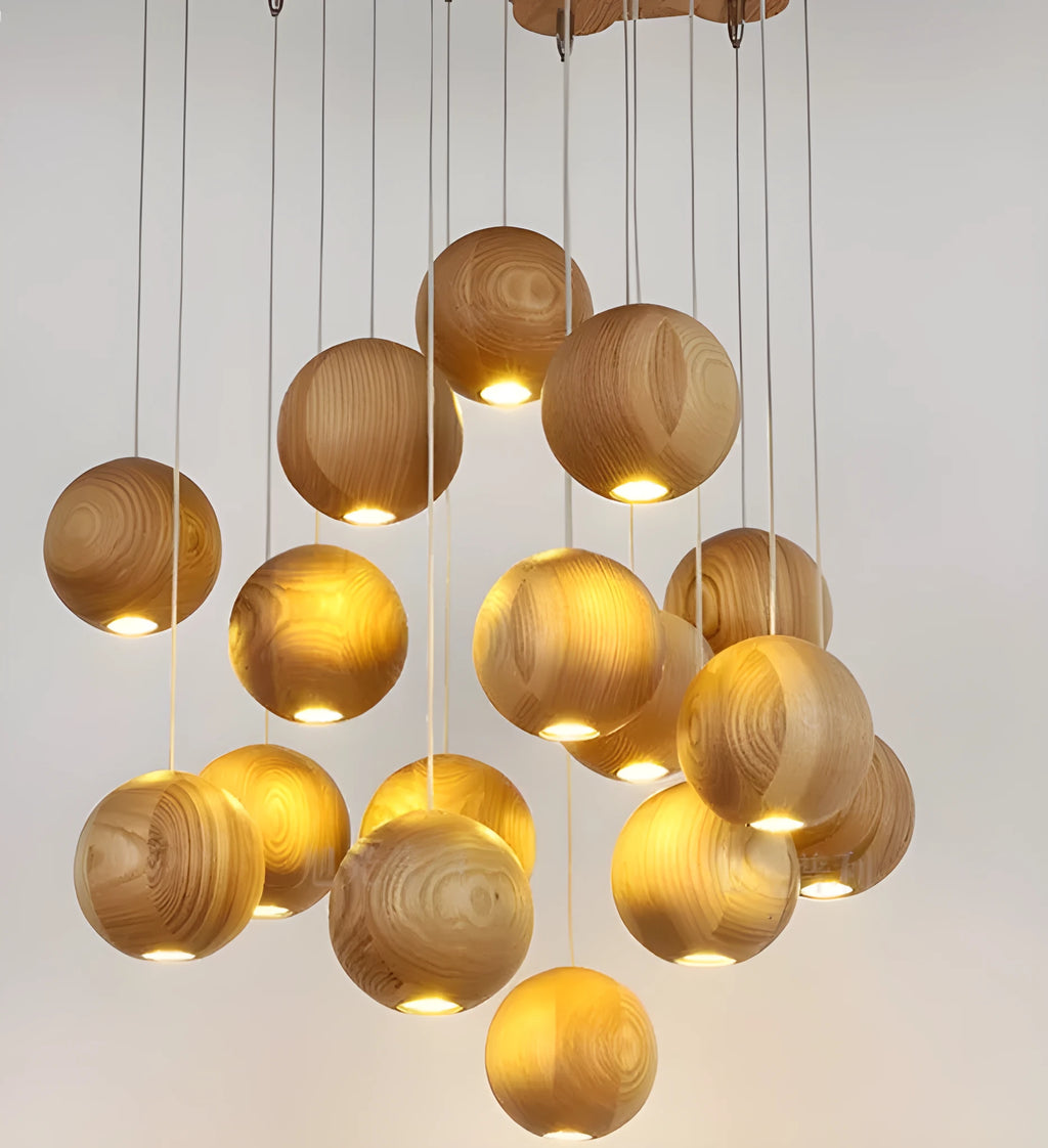 Nordic solid wood ball pendant chandelier with adjustable cord, shown in single and three-head style options.