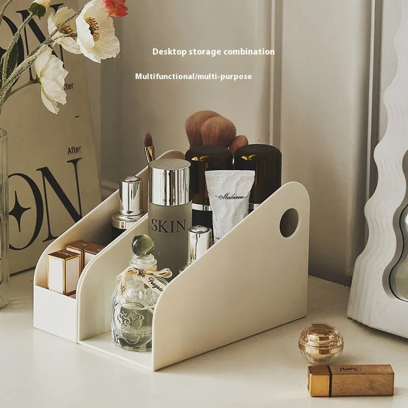 Desktop storage box and bookshelf combination with two grid layers in plastic
