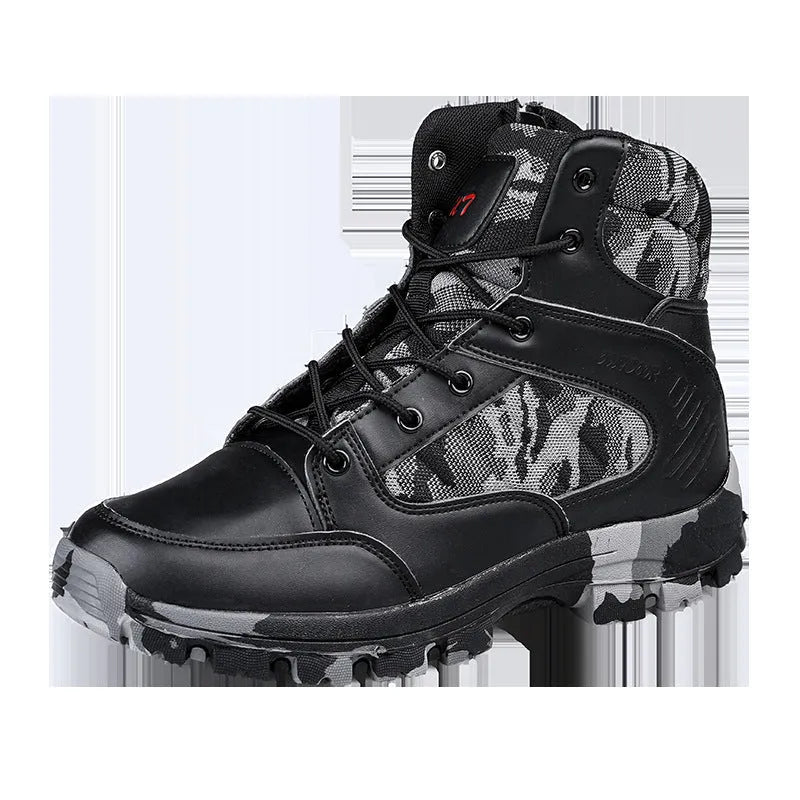 Men's high-top hiking shoes with artificial PU upper and metal accents in black camouflage