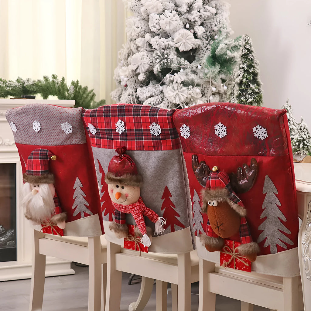 Three-dimensional cartoon cloth chair covers set featuring Santa, snowman, and deer designs